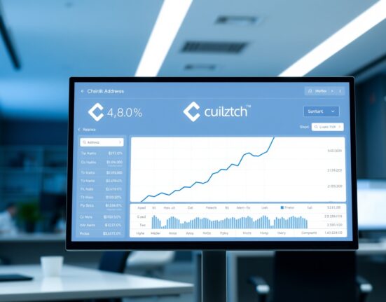 Digital dashboard showing a rising chart of LINK wallet addresses with a subtle Chainlink logo in the background