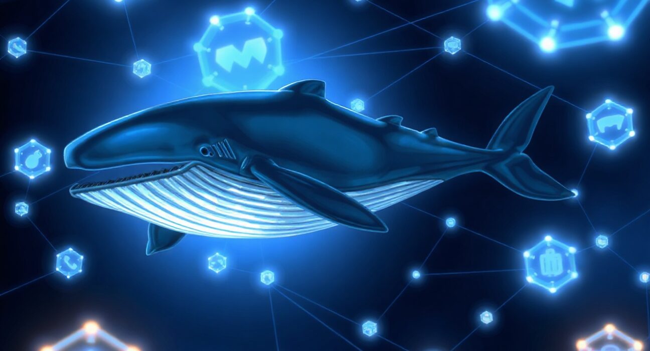 Illustration of a whale in a digital network of blockchain nodes representing LINK whale activity