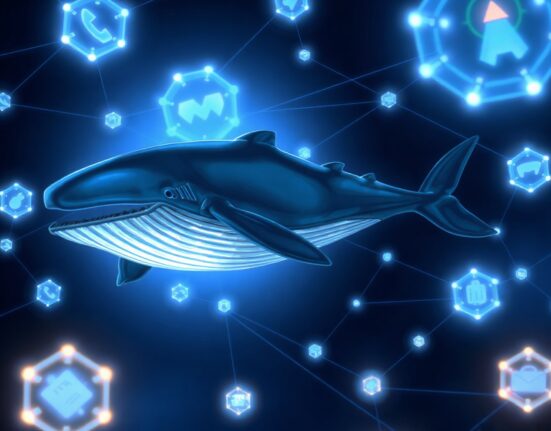 Illustration of a whale in a digital network of blockchain nodes representing LINK whale activity