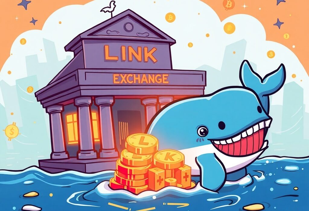 A cartoon whale moving a large quantity of Chainlink tokens, symbolizing a significant LINK withdrawal from an exchange.