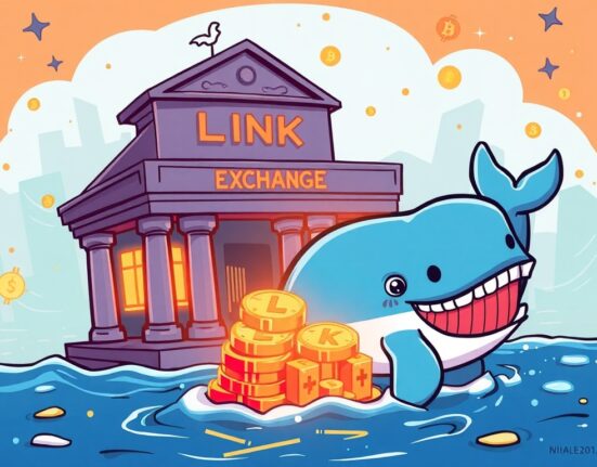 A cartoon whale moving a large quantity of Chainlink tokens, symbolizing a significant LINK withdrawal from an exchange.