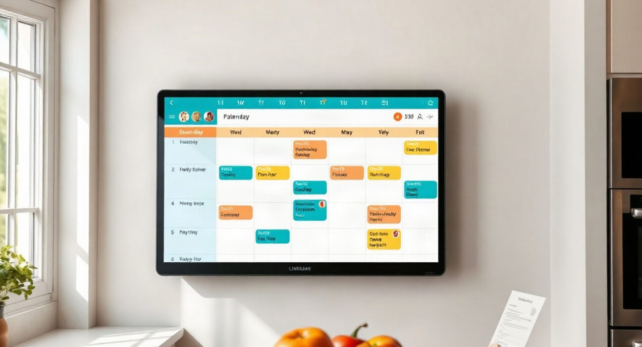 Linkdaze smart calendar mounted on a kitchen wall showing a color-coded family schedule and meal plan