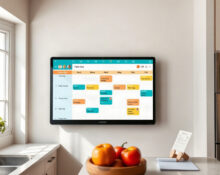 Linkdaze smart calendar mounted on a kitchen wall showing a color-coded family schedule and meal plan