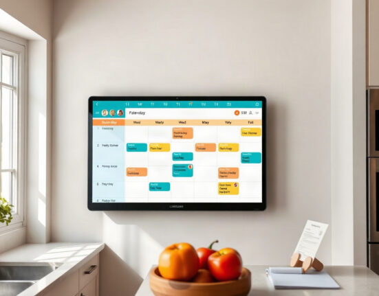 Linkdaze smart calendar mounted on a kitchen wall showing a color-coded family schedule and meal plan