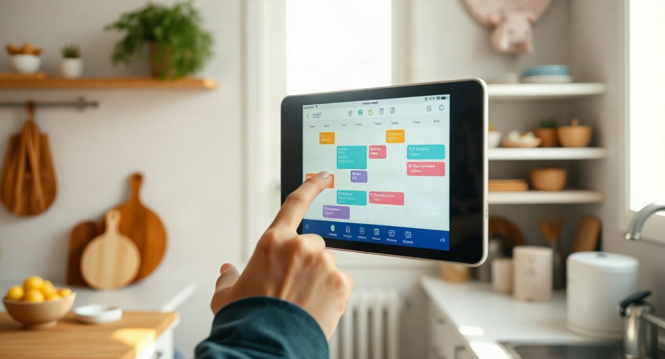 Person using a Linkdaze smart calendar on a kitchen wall displaying a family schedule