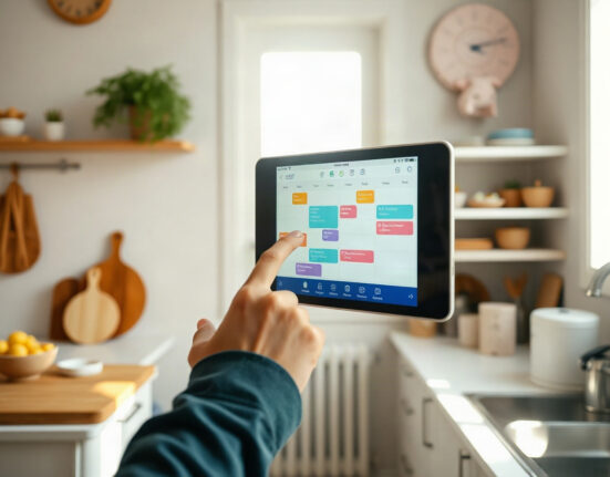 Person using a Linkdaze smart calendar on a kitchen wall displaying a family schedule