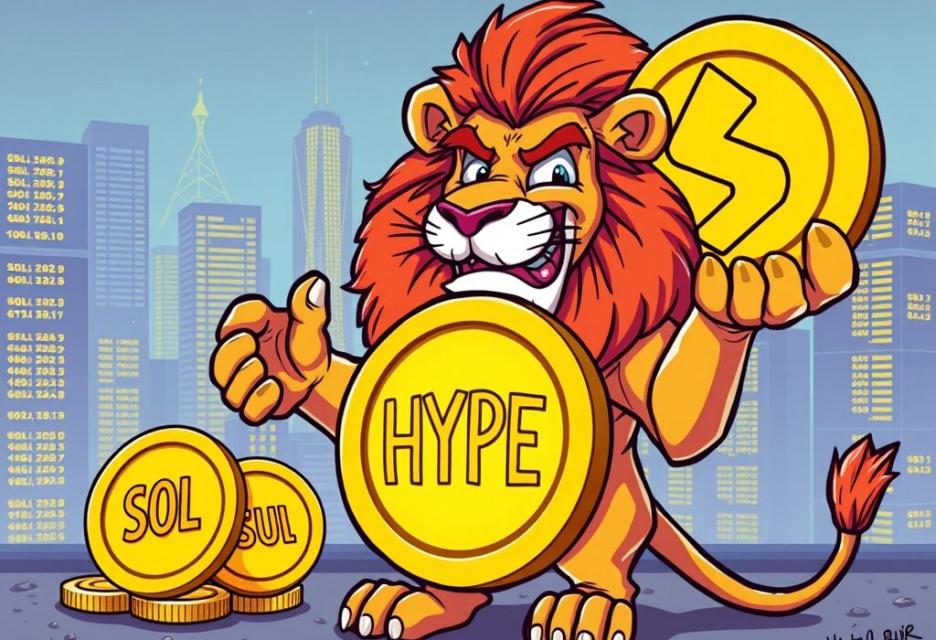Lion Group HYPE strategy shift, showing a lion embracing HYPE tokens, signifying a major investment pivot.