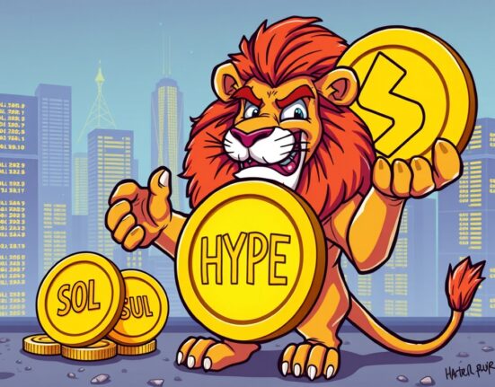 Lion Group HYPE strategy shift, showing a lion embracing HYPE tokens, signifying a major investment pivot.