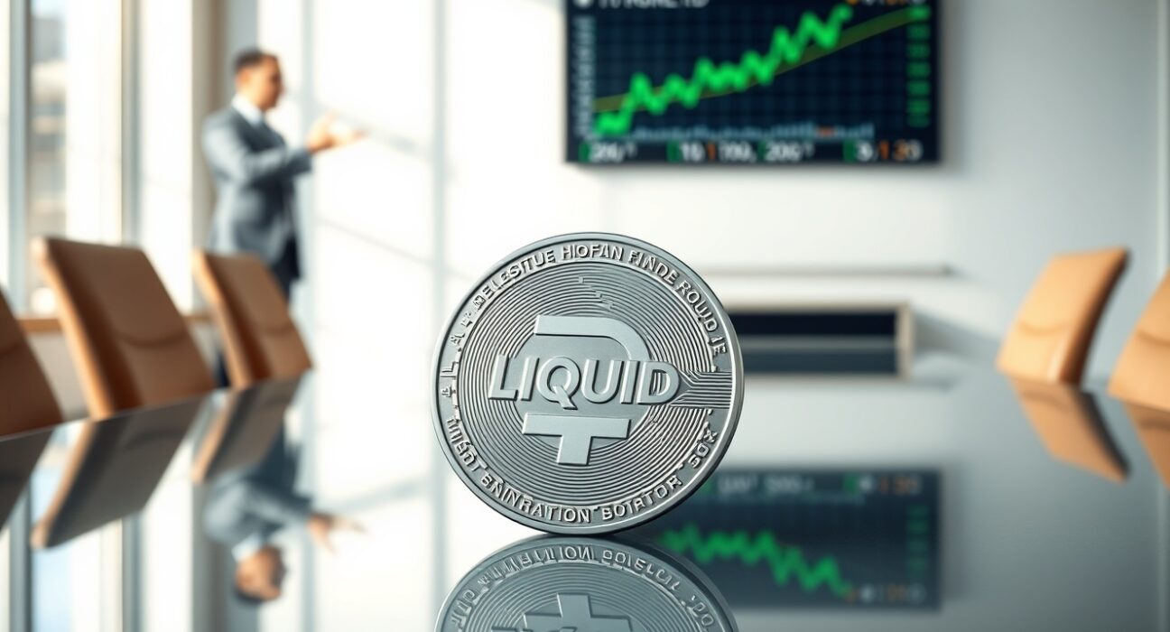 Liquid exchange funding: a silver token with 'LIQUID' engraved sits on a conference table, symbolizing the $18M Series A round led by Neo and Left Lane Capital.