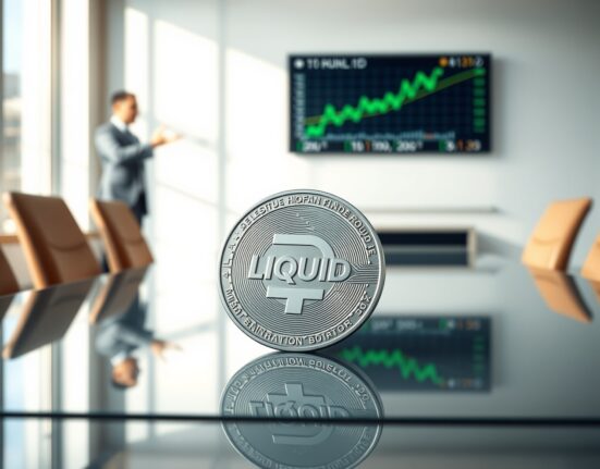 Liquid exchange funding: a silver token with 'LIQUID' engraved sits on a conference table, symbolizing the $18M Series A round led by Neo and Left Lane Capital.