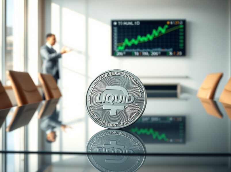 Liquid exchange funding: a silver token with 'LIQUID' engraved sits on a conference table, symbolizing the $18M Series A round led by Neo and Left Lane Capital.