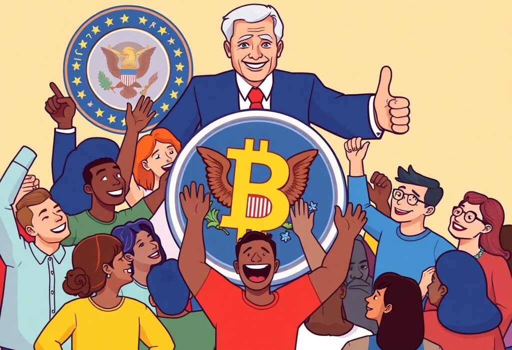 A cartoon illustration depicting the positive impact of the SEC's liquid staking clarification on the crypto community, symbolizing regulatory relief.