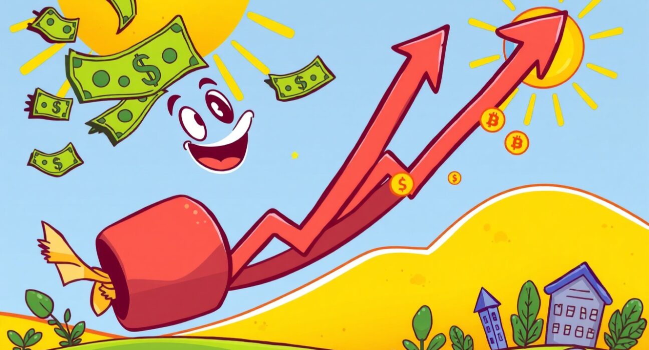 Liquidity tailwinds blowing investment symbols upward in vibrant market illustration