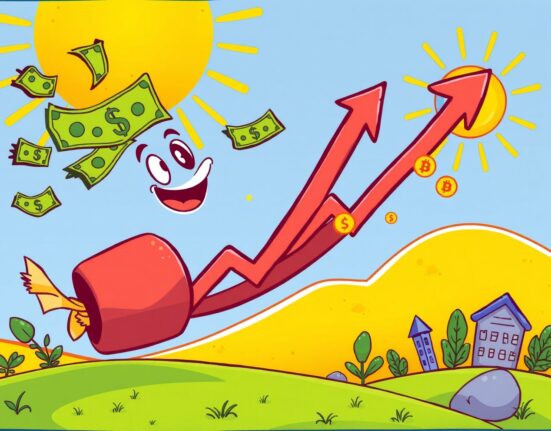 Liquidity tailwinds blowing investment symbols upward in vibrant market illustration