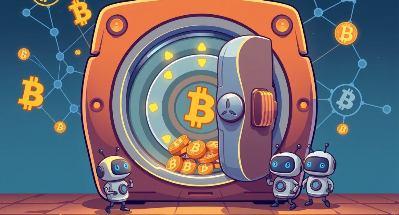 Cartoon illustration of a secure digital vault representing the successful $2.8M funding for Liquidity vault RockSolid, opening new DeFi access.