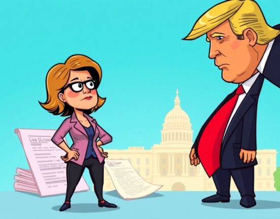 Cartoon showing a determined Lisa Cook challenging dismissal, highlighting the Lisa Cook lawsuit's significance.