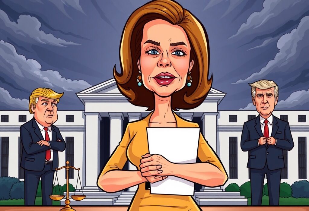 Cartoon illustrating the Lisa Cook lawsuit challenging the Federal Reserve's decision, symbolizing a significant legal battle.