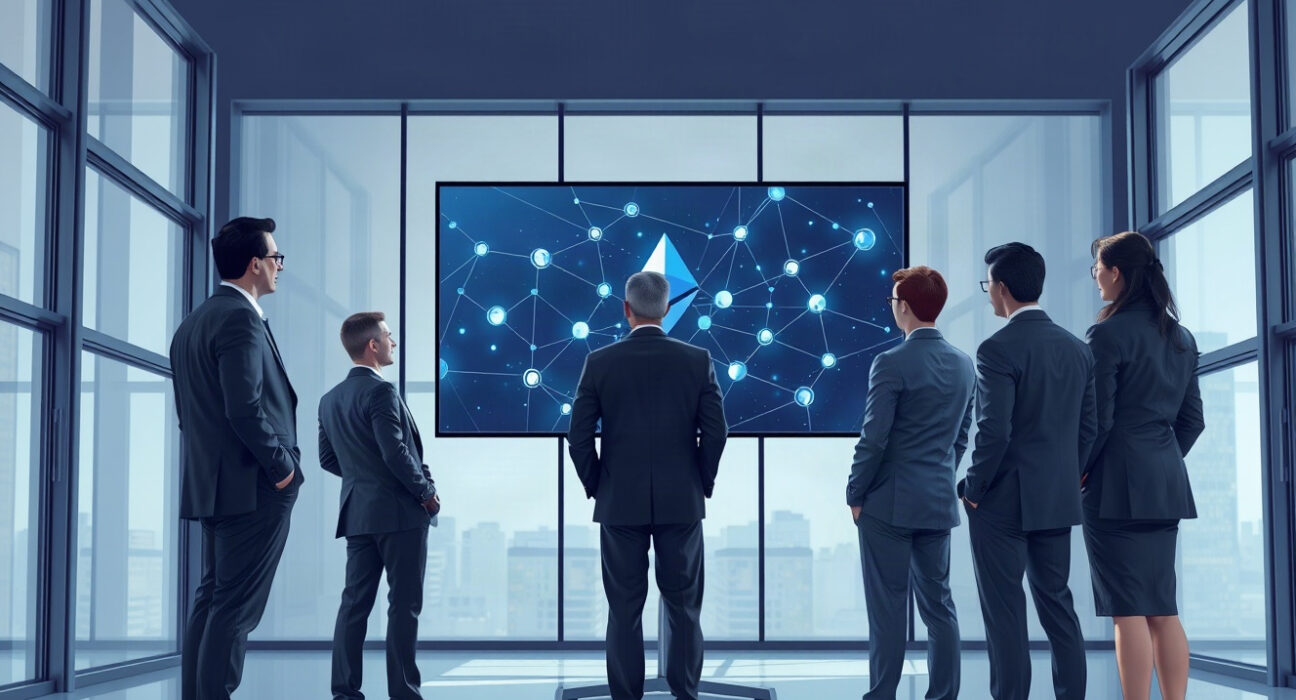 Business team observing a blockchain network transition to enterprise payments on a large screen