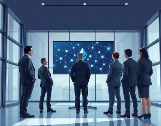 Business team observing a blockchain network transition to enterprise payments on a large screen
