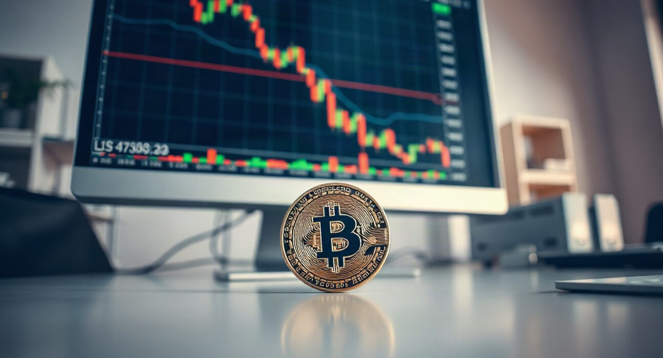 Lisk LSK token coin next to a computer screen showing a declining crypto chart, representing the proposed token burn and DAO shutdown.