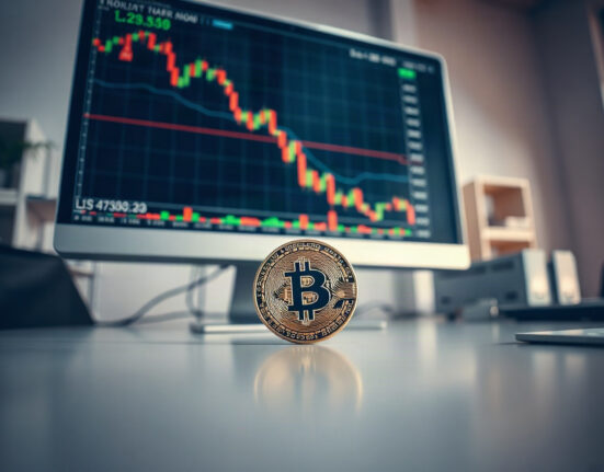 Lisk LSK token coin next to a computer screen showing a declining crypto chart, representing the proposed token burn and DAO shutdown.