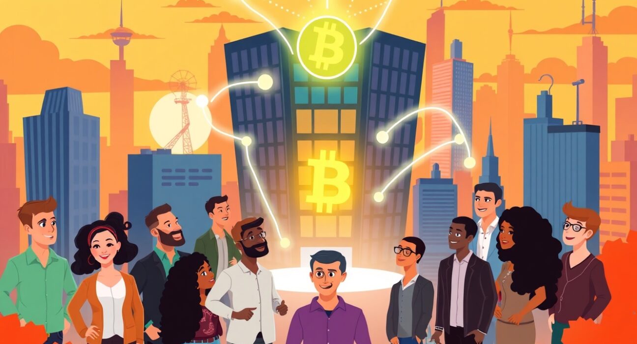 A vibrant illustration of the Lisk and UNIDO Web3 incubator empowering entrepreneurs in emerging markets with blockchain technology.