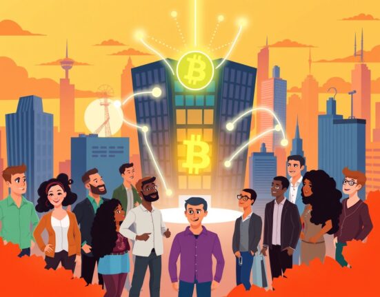 A vibrant illustration of the Lisk and UNIDO Web3 incubator empowering entrepreneurs in emerging markets with blockchain technology.