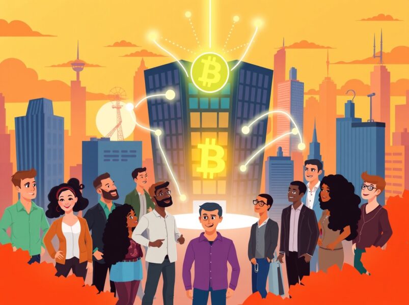A vibrant illustration of the Lisk and UNIDO Web3 incubator empowering entrepreneurs in emerging markets with blockchain technology.