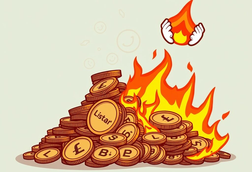 A cartoon illustration showing LISTA tokens being burned, symbolizing the ListaDAO token burn and reduction in supply.