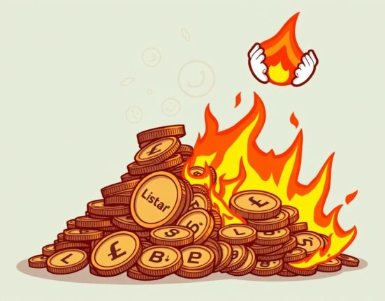 A cartoon illustration showing LISTA tokens being burned, symbolizing the ListaDAO token burn and reduction in supply.