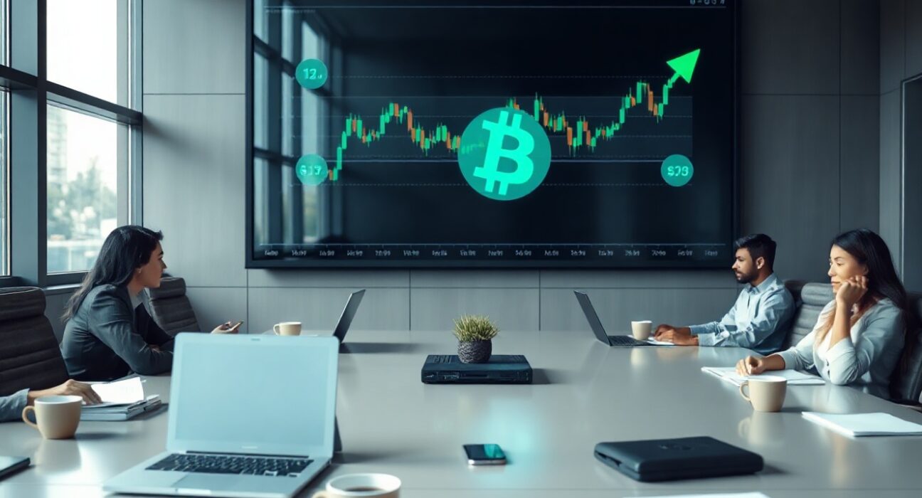 Corporate boardroom with Bitcoin price chart on screen, representing institutional investment