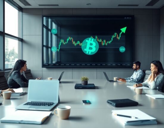 Corporate boardroom with Bitcoin price chart on screen, representing institutional investment