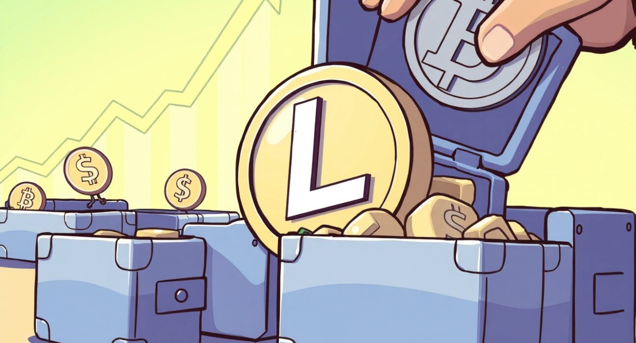 Cartoon illustration showing large investors accumulating Litecoin, symbolizing the recent significant market surge.