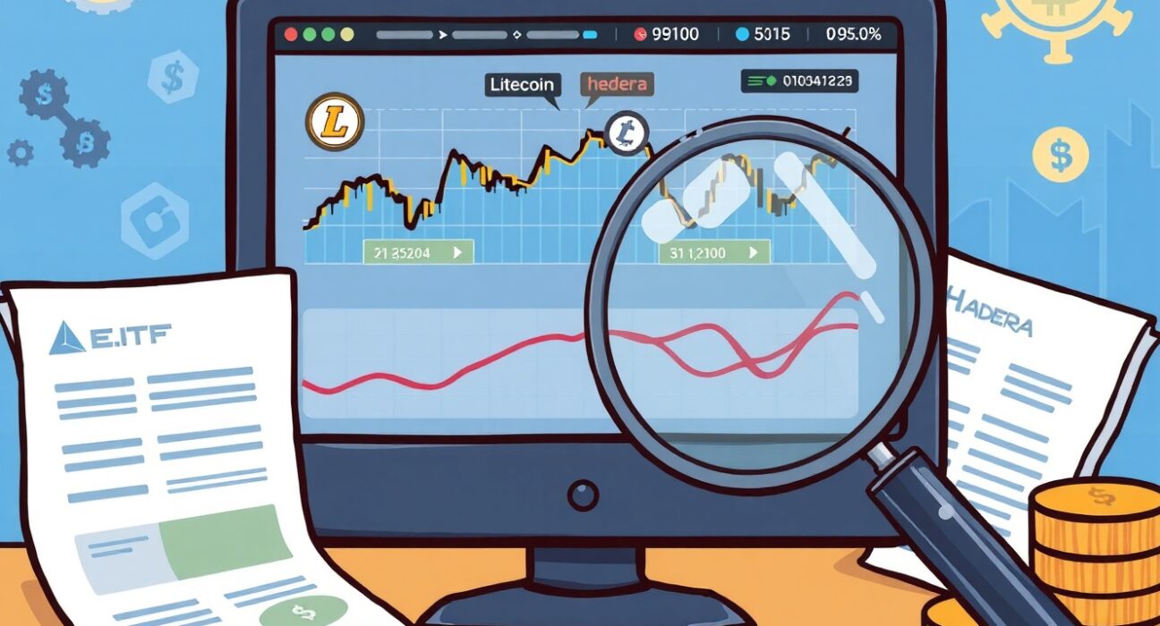 A cartoon illustration showing the excitement around new Litecoin Hedera ETFs filings and potential market opportunities.