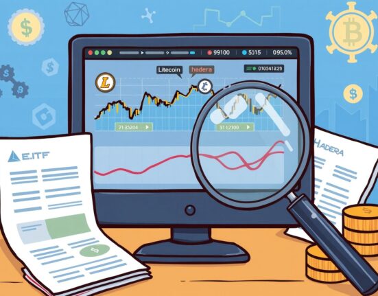 A cartoon illustration showing the excitement around new Litecoin Hedera ETFs filings and potential market opportunities.