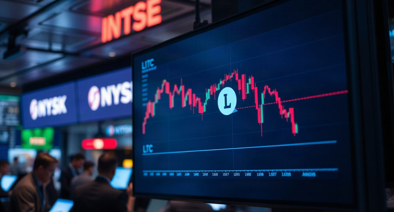 Trading screen showing a sharp downward price chart for Litecoin in a modern trading floor setting