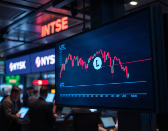 Trading screen showing a sharp downward price chart for Litecoin in a modern trading floor setting