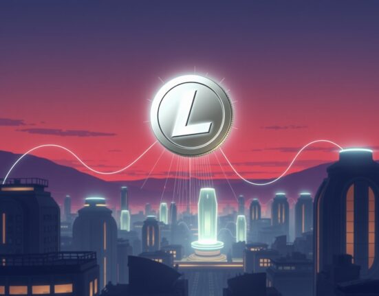 A futuristic visualization of Litecoin's potential growth as digital silver in a glowing cityscape.