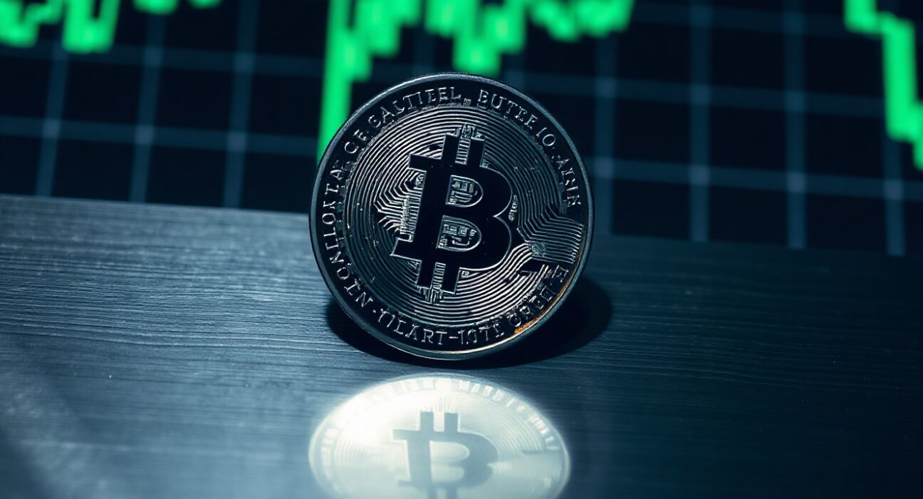 Litecoin (LTC) coin on a dark surface with a blurred upward-trending market chart in the background.