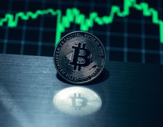 Litecoin (LTC) coin on a dark surface with a blurred upward-trending market chart in the background.