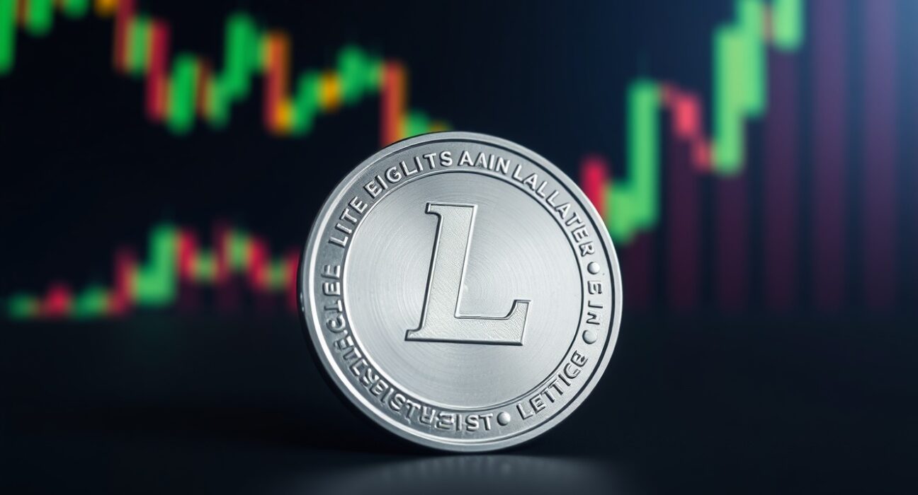 Litecoin LTC coin on a dark surface with blurred candlestick charts in background, representing price prediction and market analysis.