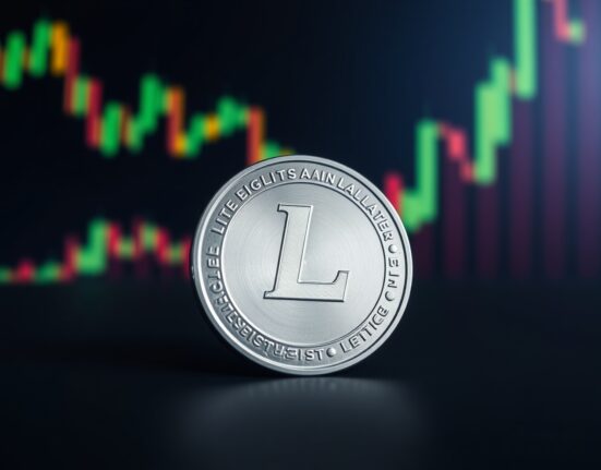 Litecoin LTC coin on a dark surface with blurred candlestick charts in background, representing price prediction and market analysis.