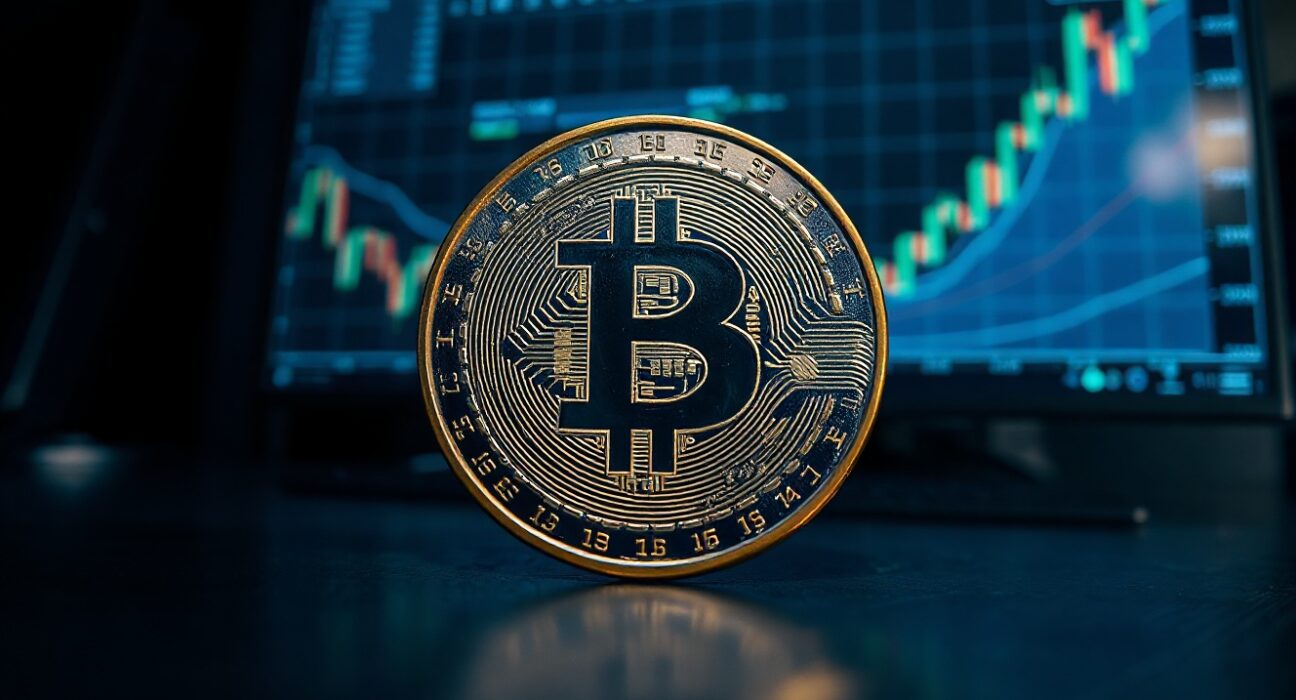Litecoin (LTC) coin on reflective surface with digital chart in background