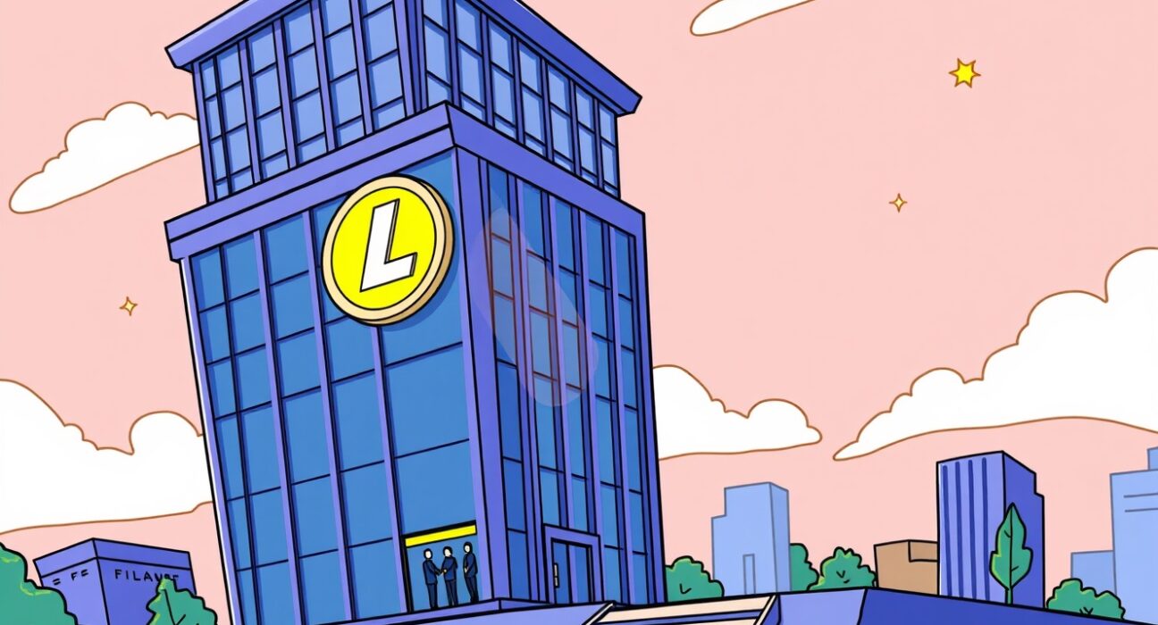 Cartoon showing a company embracing a bold Litecoin strategy, symbolizing its rebranding and significant crypto asset adoption.