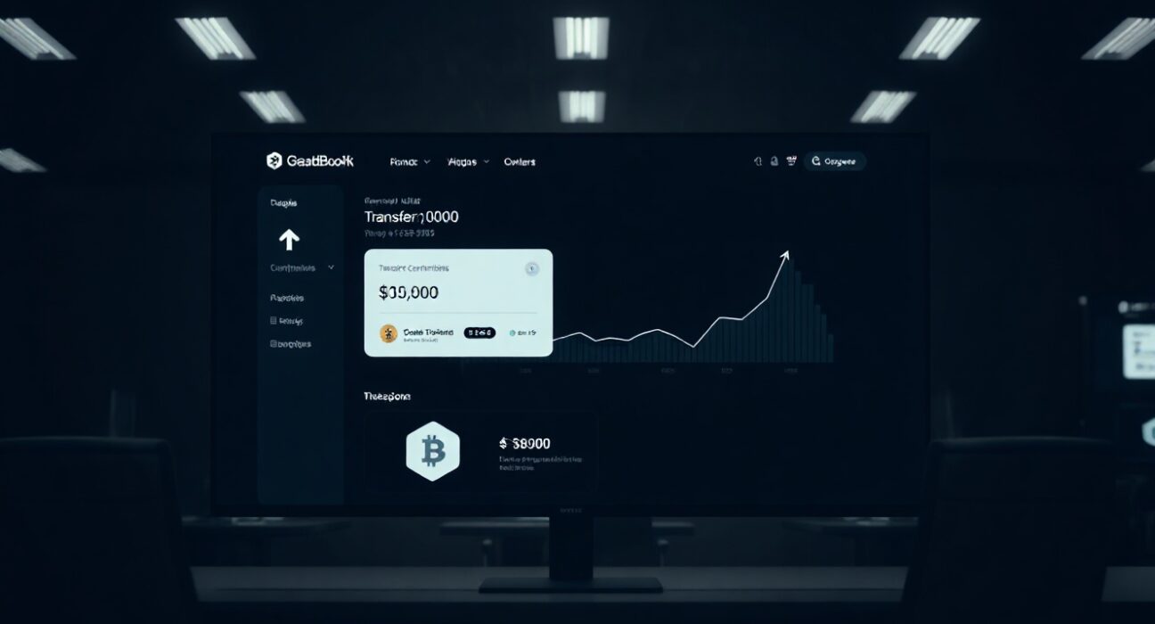 A crypto wallet interface showing a large token transfer on a screen in a dark office.