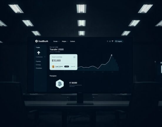 A crypto wallet interface showing a large token transfer on a screen in a dark office.