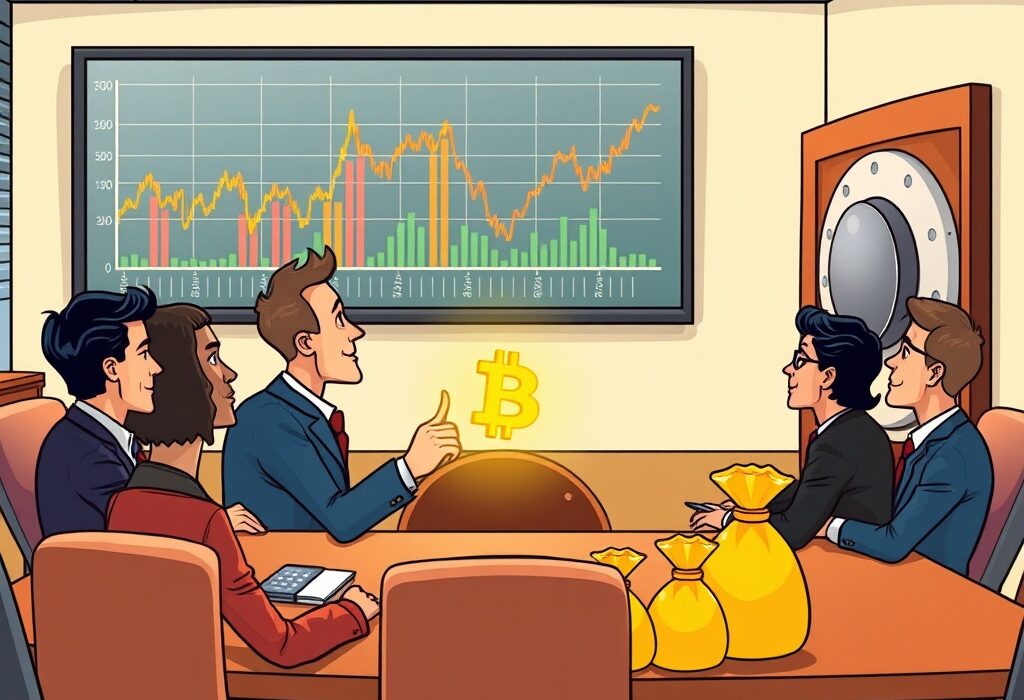 A vibrant cartoon illustrating LIXTE's strategic LIXTE crypto investment, showing executives embracing digital assets like Bitcoin in a corporate setting.