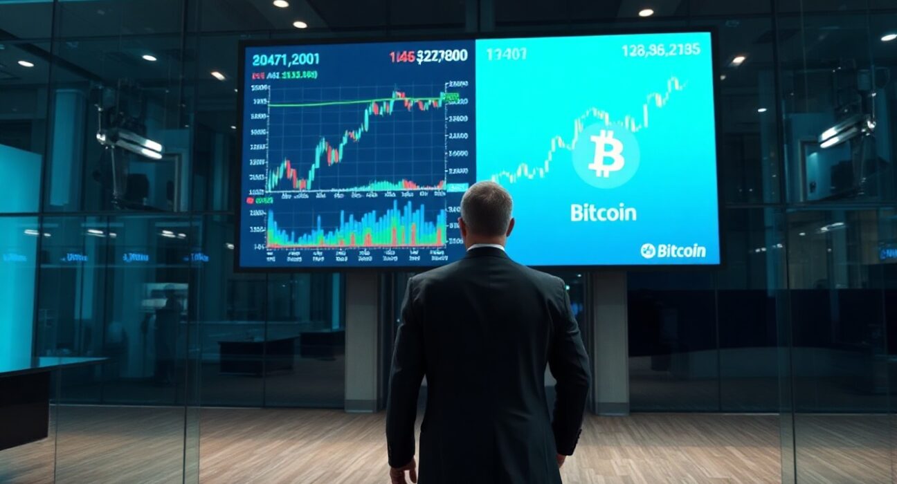 Professional trading floor with digital screens showing crypto and traditional finance charts