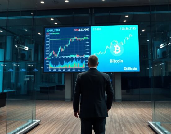 Professional trading floor with digital screens showing crypto and traditional finance charts