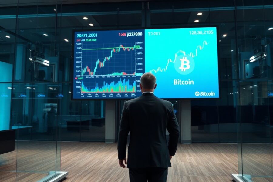 Professional trading floor with digital screens showing crypto and traditional finance charts